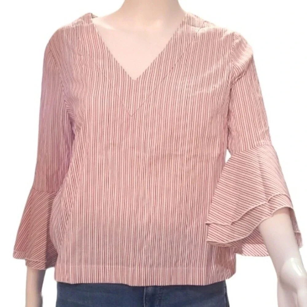 White House Black Market pink white striped v-neck bell sleeve top size 6 - Picture 2 of 7